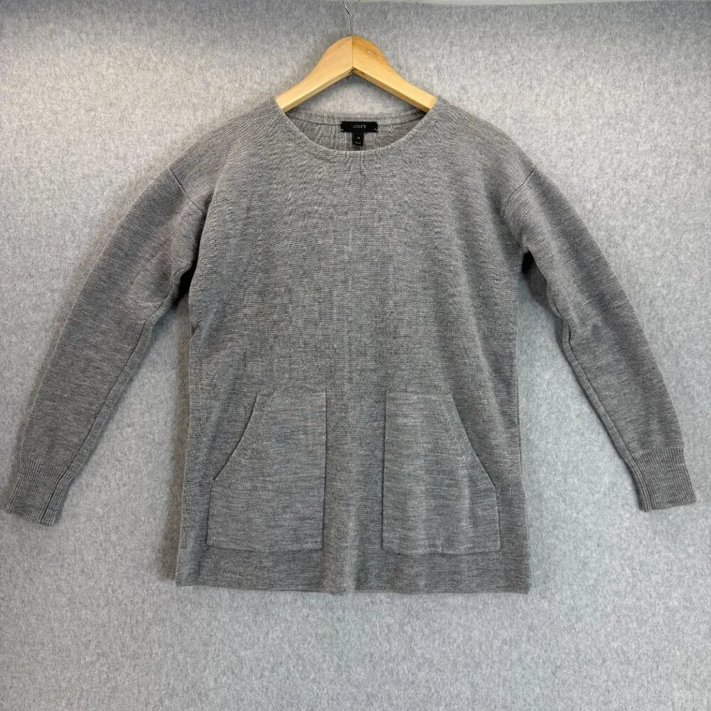 J. Crew Womens Gray Merino Wool Knit Sweater Pullover Pockets‎ Classic Size XS